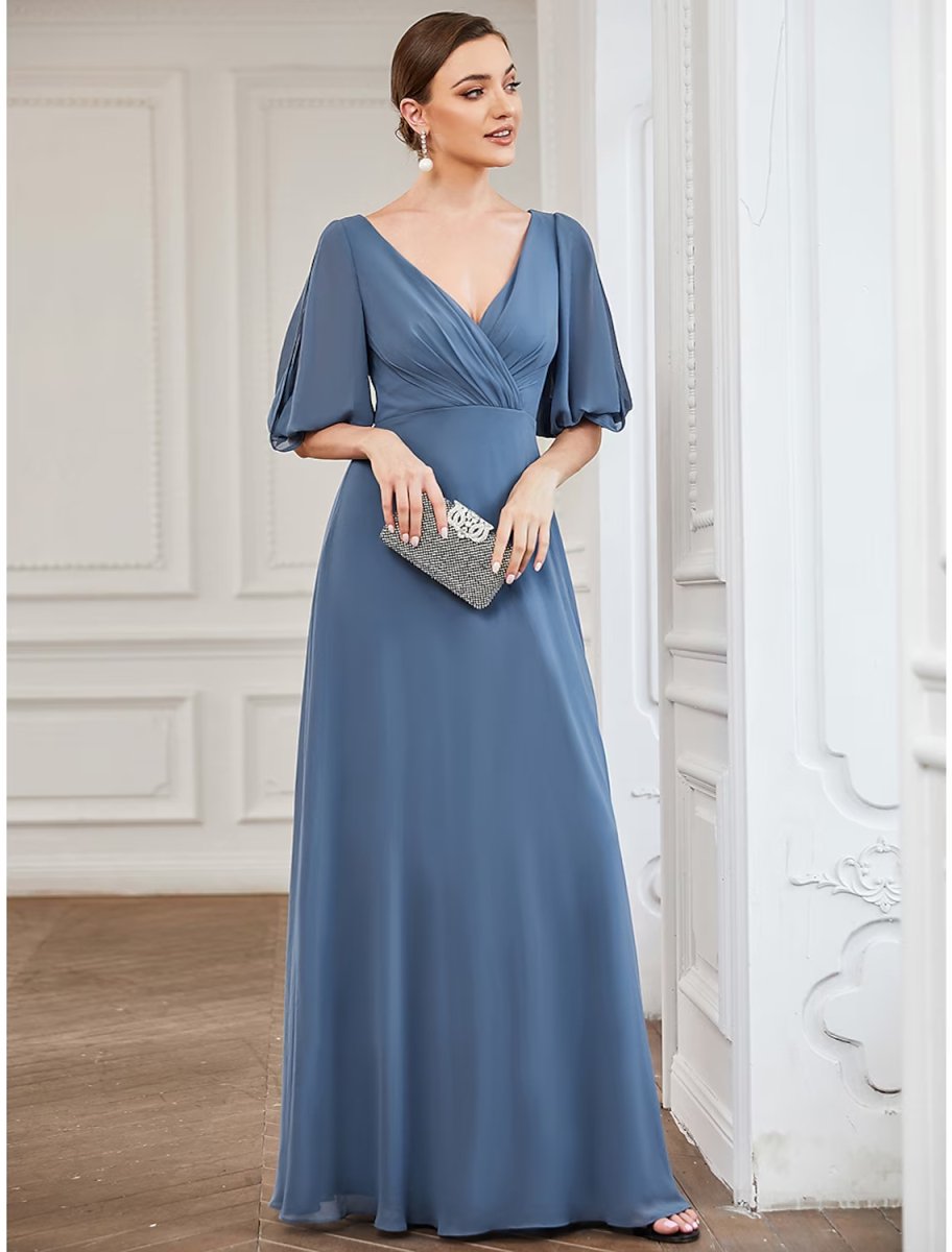 NumberSea - A - Line Evening Gown Minimalist Dress Wedding Guest Floor Length Half Sleeve V Neck Chiffon with Pleats