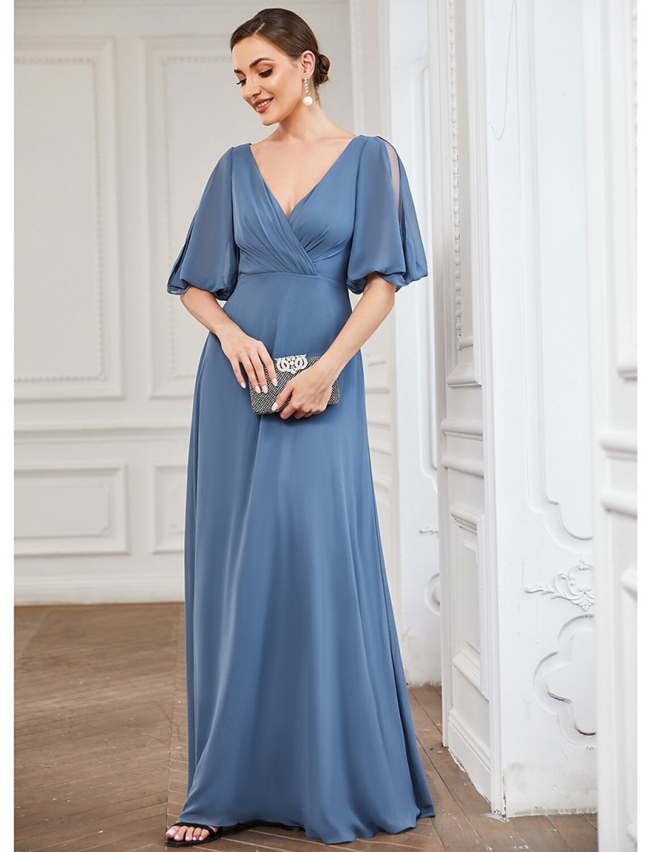 NumberSea - A - Line Evening Gown Minimalist Dress Wedding Guest Floor Length Half Sleeve V Neck Chiffon with Pleats