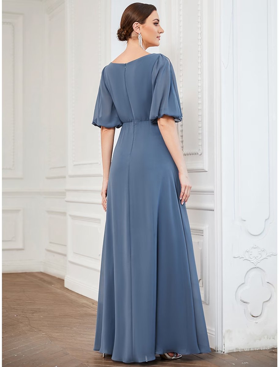 NumberSea - A - Line Evening Gown Minimalist Dress Wedding Guest Floor Length Half Sleeve V Neck Chiffon with Pleats