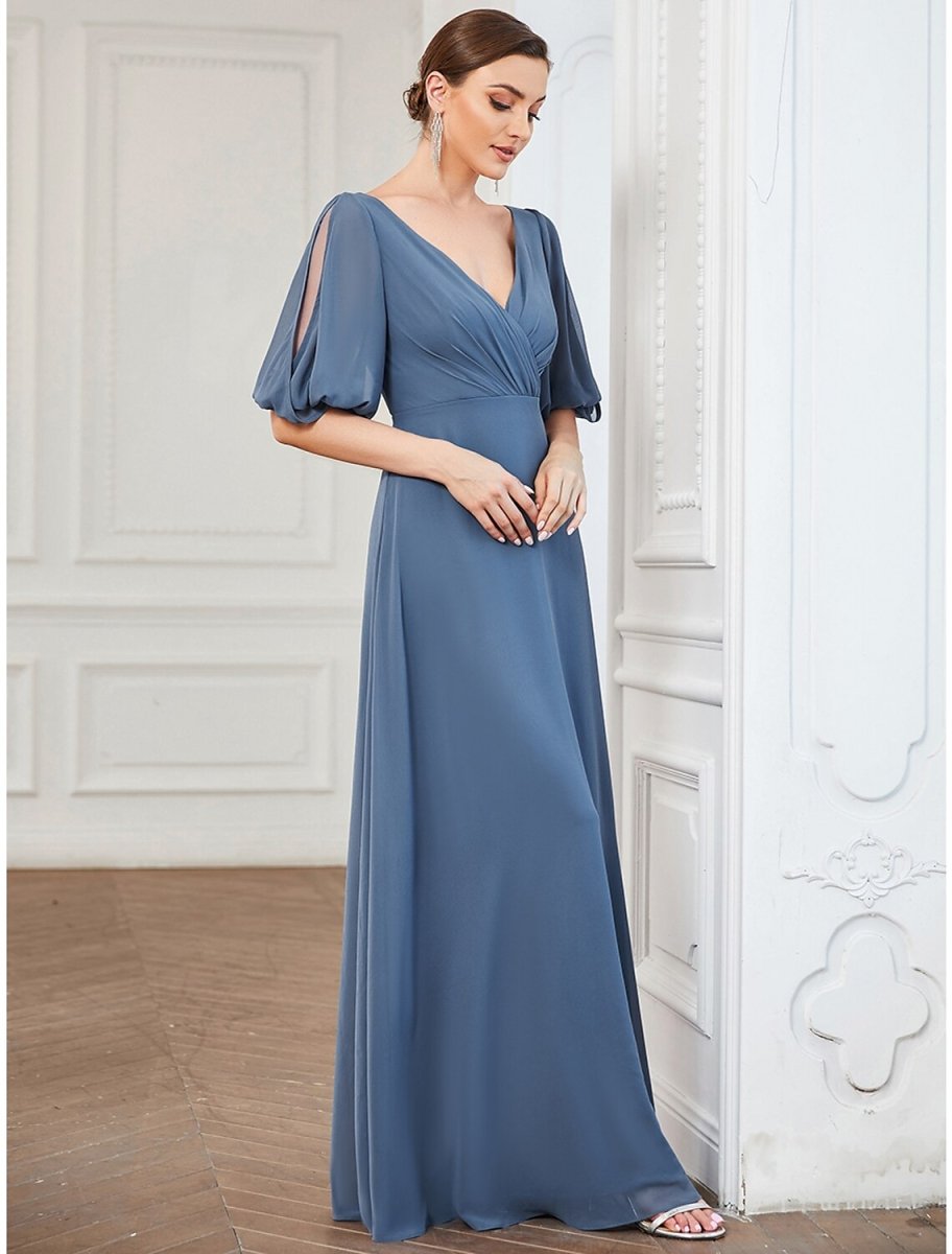 NumberSea - A - Line Evening Gown Minimalist Dress Wedding Guest Floor Length Half Sleeve V Neck Chiffon with Pleats