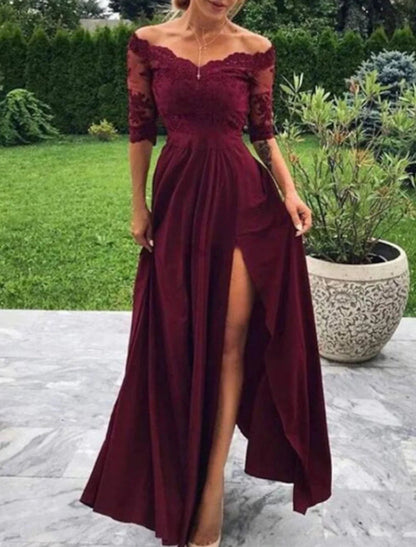 NumberSea - A - Line Evening Gown Minimalist Dress Wedding Guest Formal Evening Floor Length Half Sleeve Off Shoulder Satin with Pleats Slit Appliques