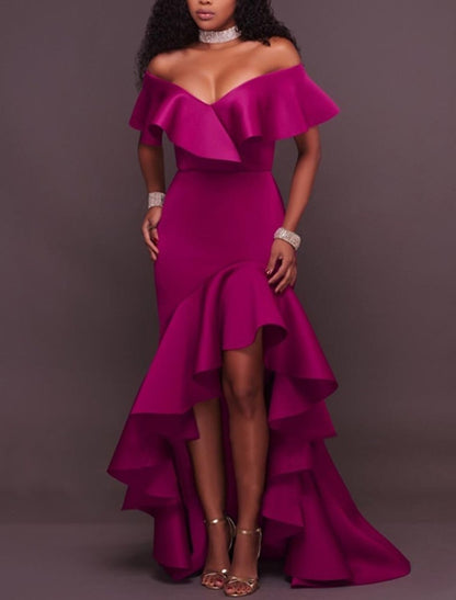 NumberSea - A - Line Evening Gown Minimalist Dress Wedding Guest Homecoming Asymmetrical Sleeveless Off Shoulder Stretch Satin with Ruffles Slit