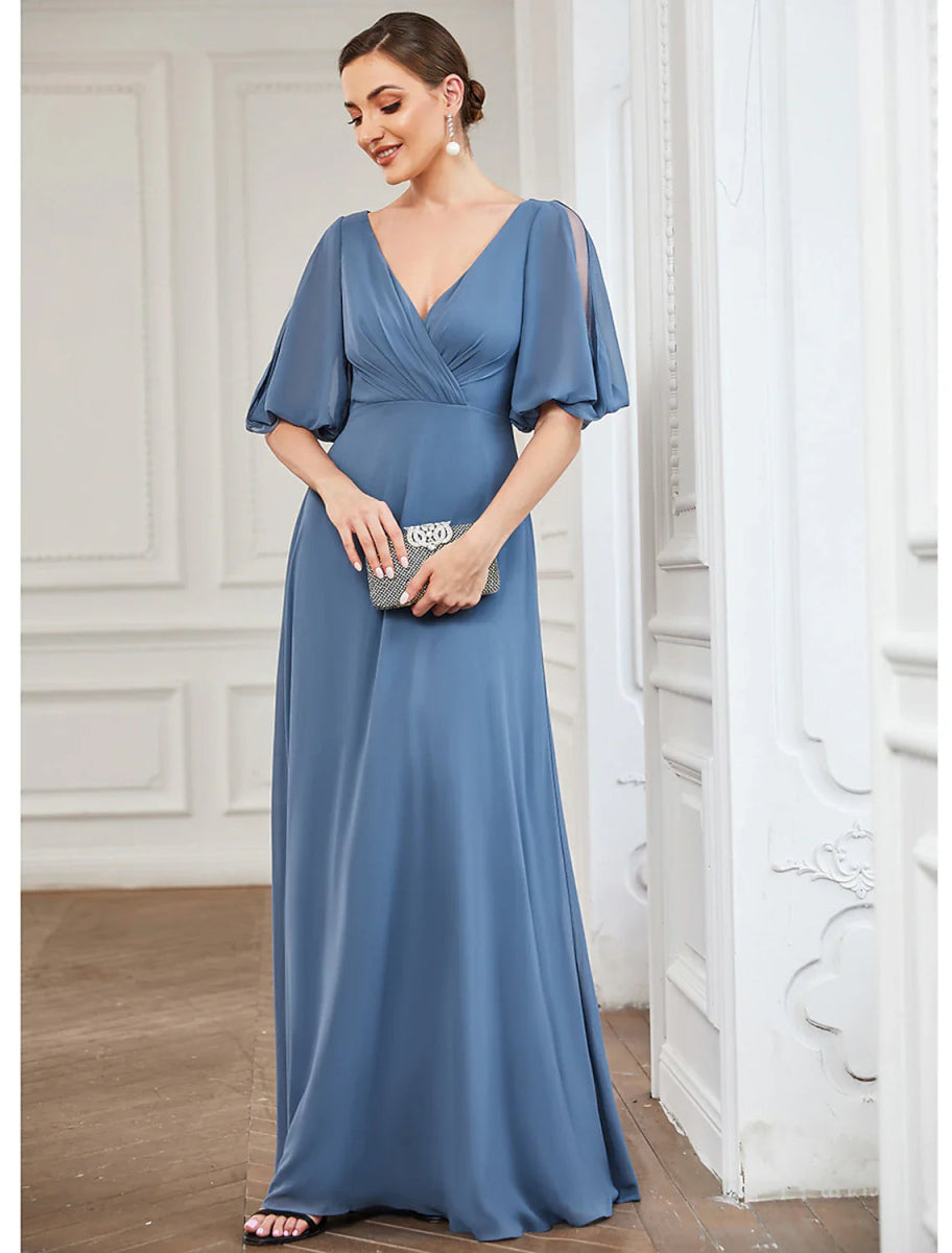 NumberSea - A - Line Evening Gown Minimalist Dress Wedding Guest Prom Floor Length Half Sleeve V Neck Chiffon with Pleats