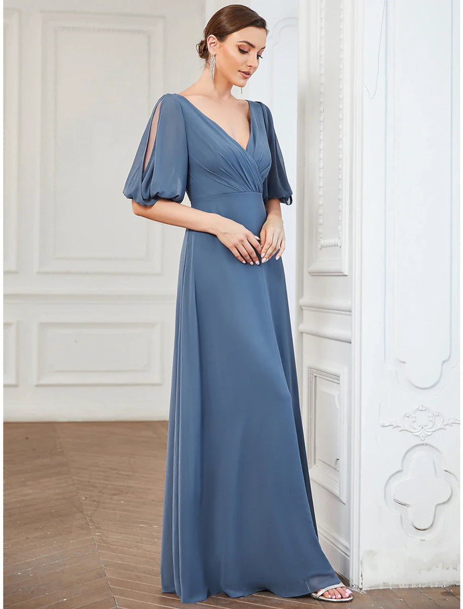 NumberSea - A - Line Evening Gown Minimalist Dress Wedding Guest Prom Floor Length Half Sleeve V Neck Chiffon with Pleats