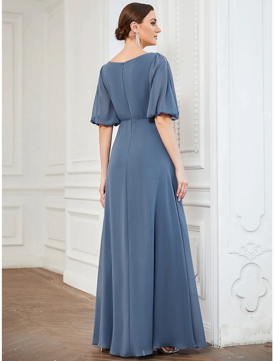 NumberSea - A - Line Evening Gown Minimalist Dress Wedding Guest Prom Floor Length Half Sleeve V Neck Chiffon with Pleats