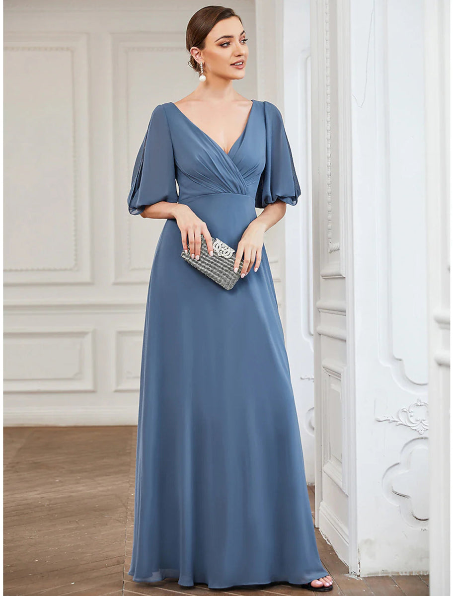 NumberSea - A - Line Evening Gown Minimalist Dress Wedding Guest Prom Floor Length Half Sleeve V Neck Chiffon with Pleats