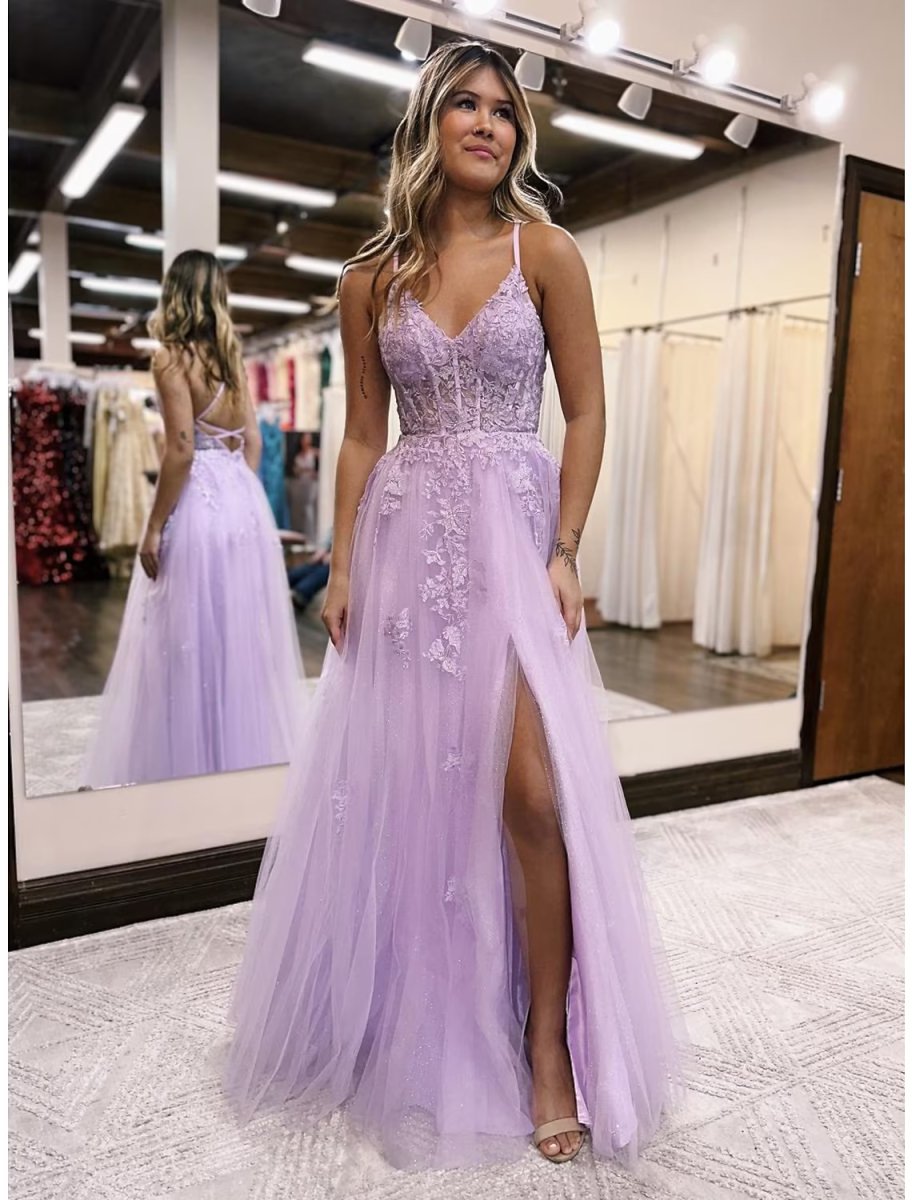 NumberSea - A - Line Evening Gown Open Back Dress Formal Floor Length Sleeveless V Neck Tulle Backless with Beading Slit Appliques