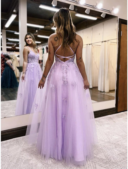 NumberSea - A - Line Evening Gown Open Back Dress Formal Prom Floor Length Sleeveless V Neck Tulle Backless with Beading Slit Appliques