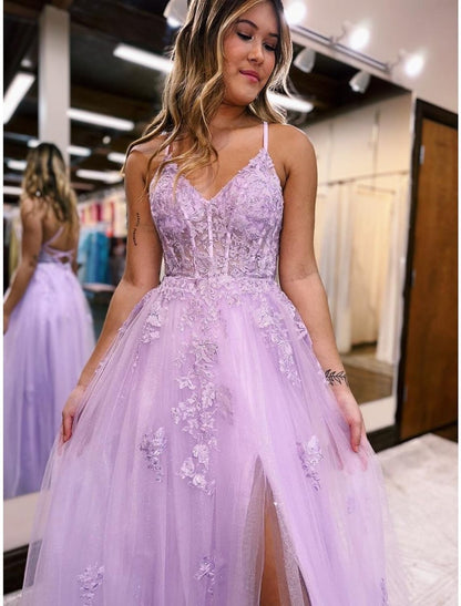 NumberSea - A - Line Evening Gown Open Back Dress Formal Prom Floor Length Sleeveless V Neck Tulle Backless with Beading Slit Appliques