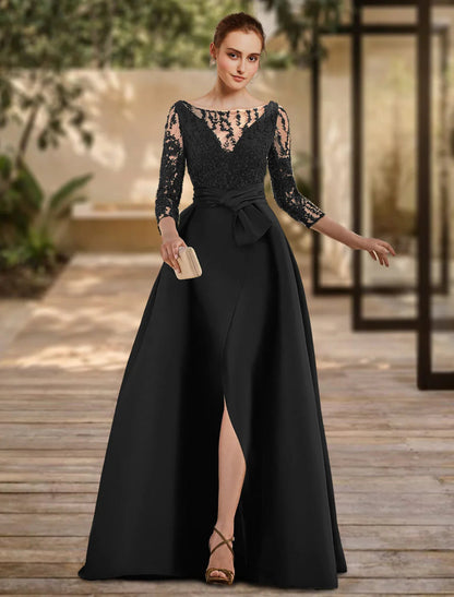 NumberSea - A - Line Evening Gown Open Back Dress Formal Wedding Guest Floor Length 3/4 Length Sleeve Scoop Neck Lace with Slit Strappy