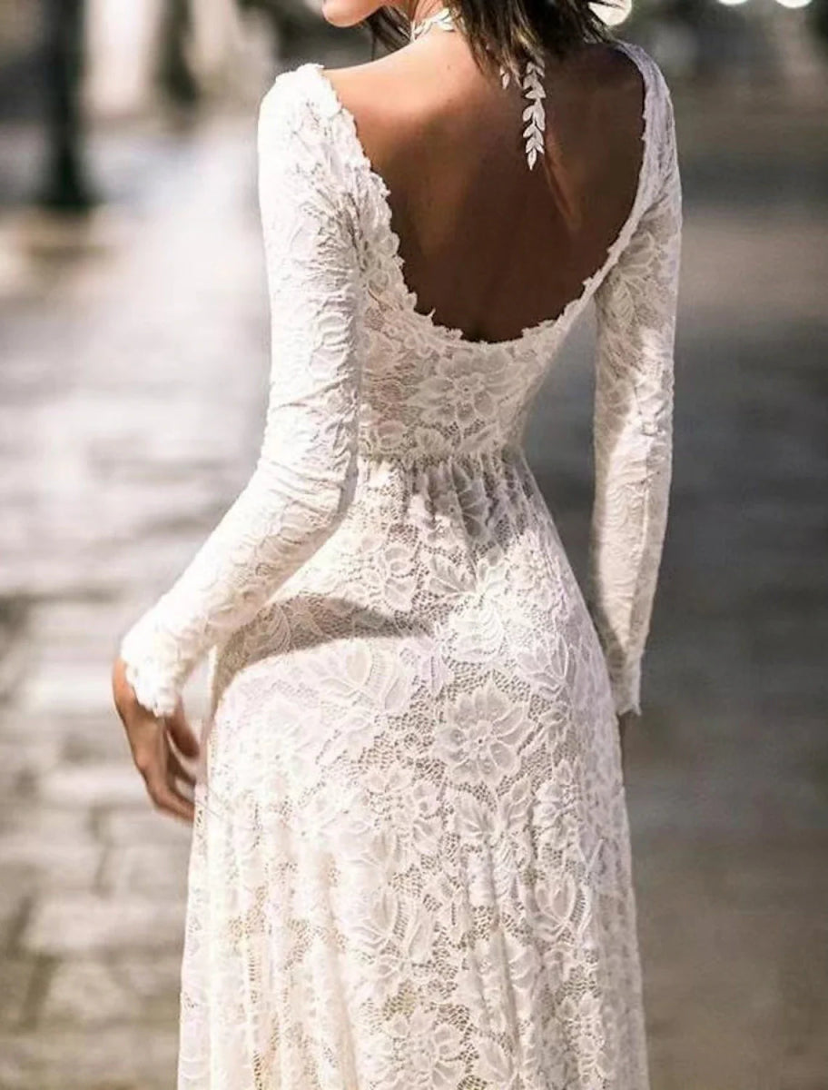 NumberSea - A - Line Evening Gown Open Back Dress Formal Wedding Party Dress Sweep / Brush Train Long Sleeve Jewel Neck Lace with Appliques