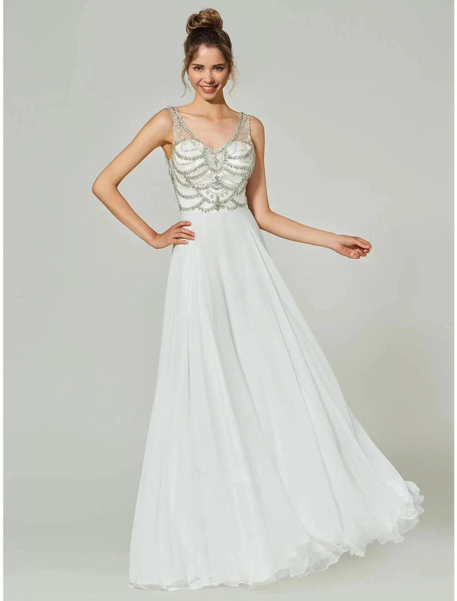 NumberSea - A - Line Evening Gown Open Back Dress Formal Wedding Party Floor Length Sleeveless V Neck Chiffon with Rhinestone