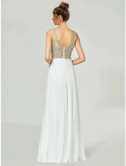 NumberSea - A - Line Evening Gown Open Back Dress Formal Wedding Party Floor Length Sleeveless V Neck Chiffon with Rhinestone