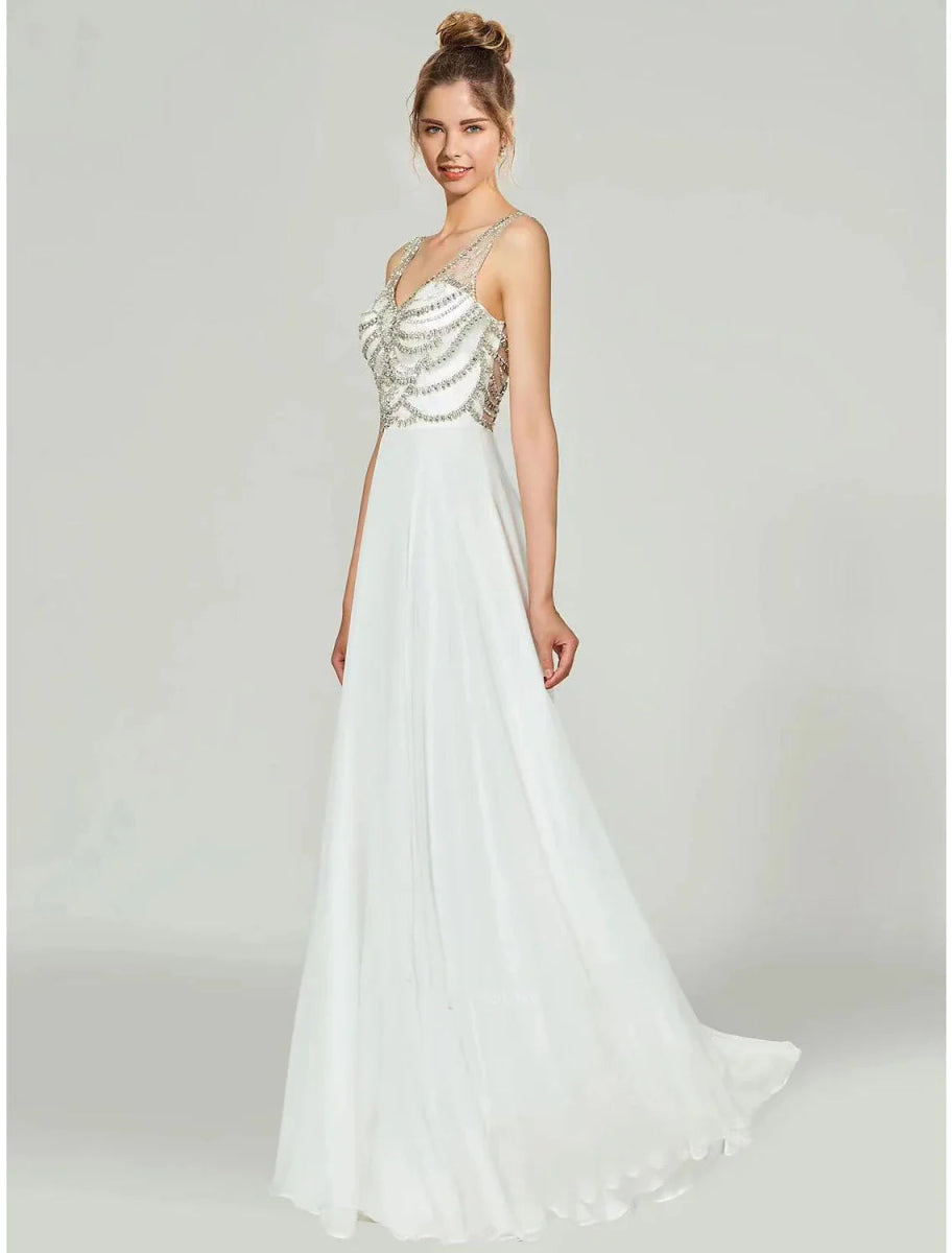 NumberSea - A - Line Evening Gown Open Back Dress Formal Wedding Party Floor Length Sleeveless V Neck Chiffon with Rhinestone