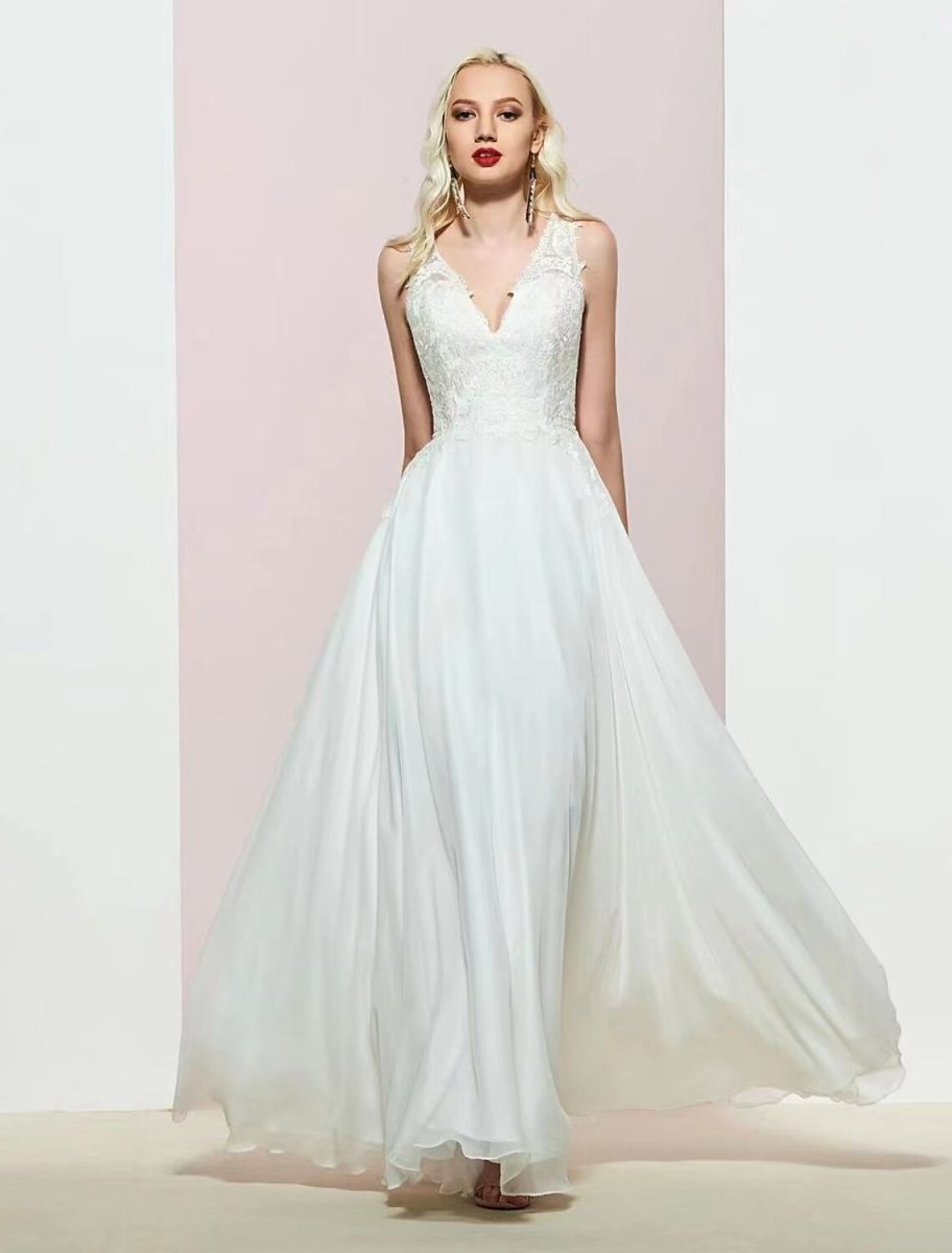 NumberSea - A - Line Evening Gown Open Back Dress Wedding Party Birthday Floor Length Sleeveless V Neck Chiffon with Appliques