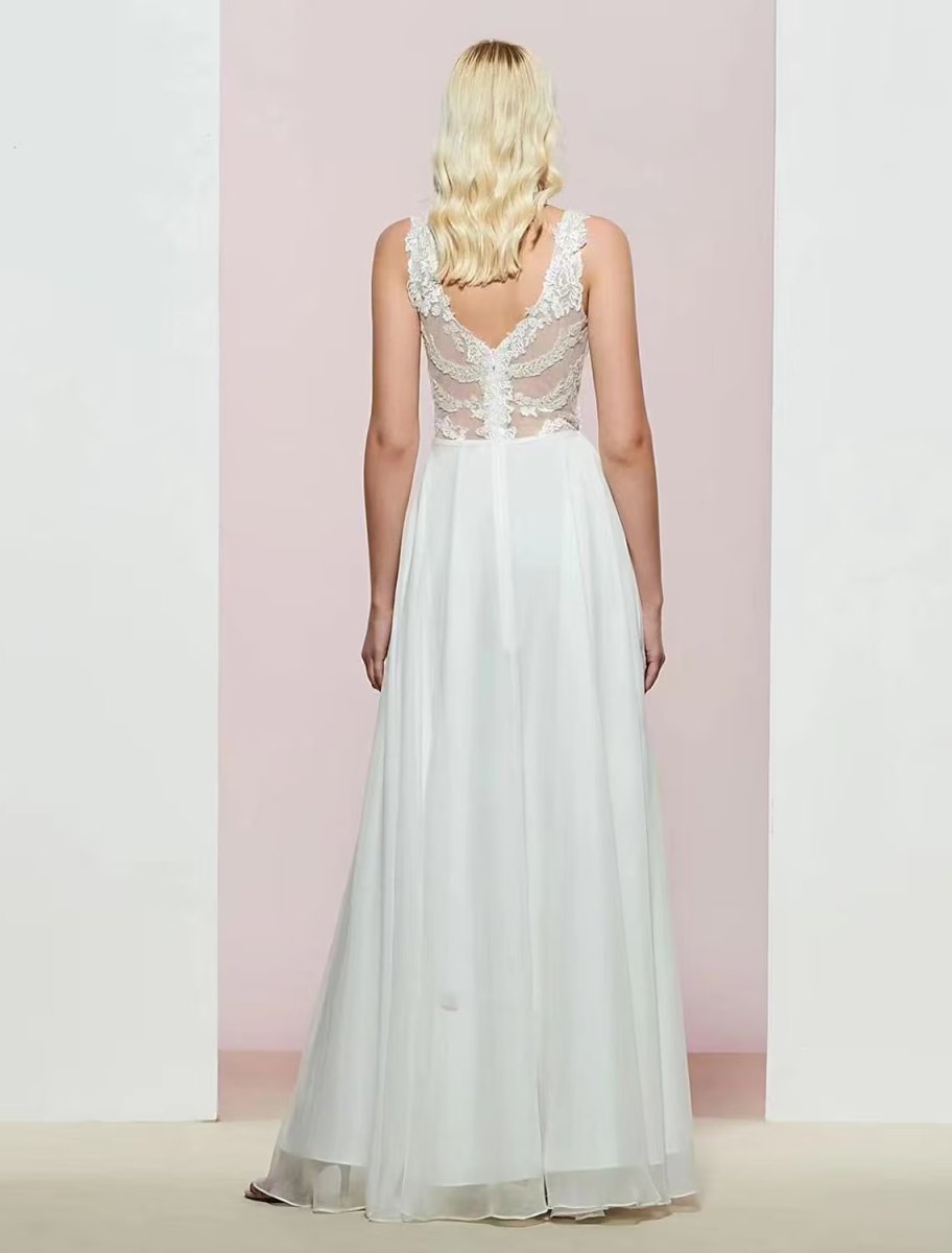 NumberSea - A - Line Evening Gown Open Back Dress Wedding Party Floor Length Sleeveless V Neck Chiffon with Appliques