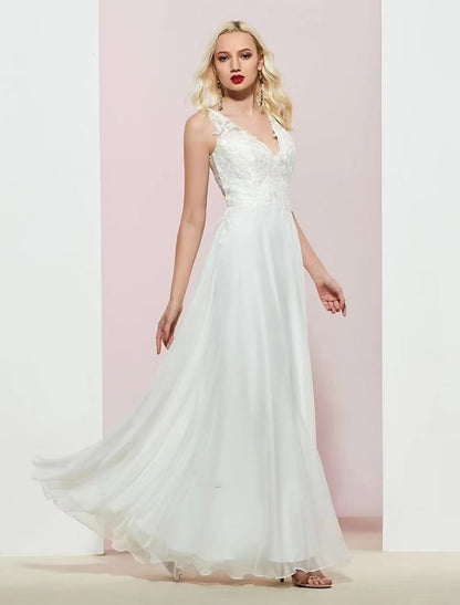 NumberSea - A - Line Evening Gown Open Back Dress Wedding Party Floor Length Sleeveless V Neck Chiffon with Appliques