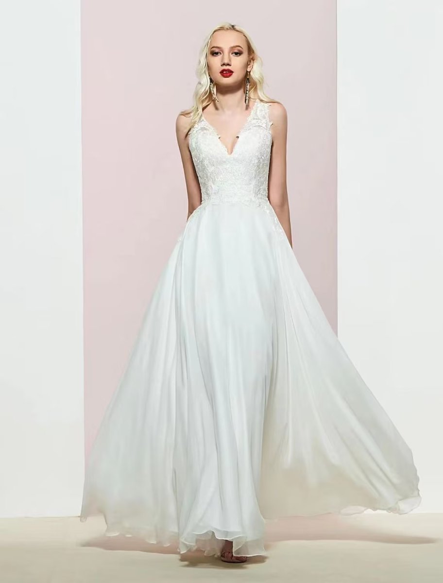 NumberSea - A - Line Evening Gown Open Back Dress Wedding Party Floor Length Sleeveless V Neck Chiffon with Appliques