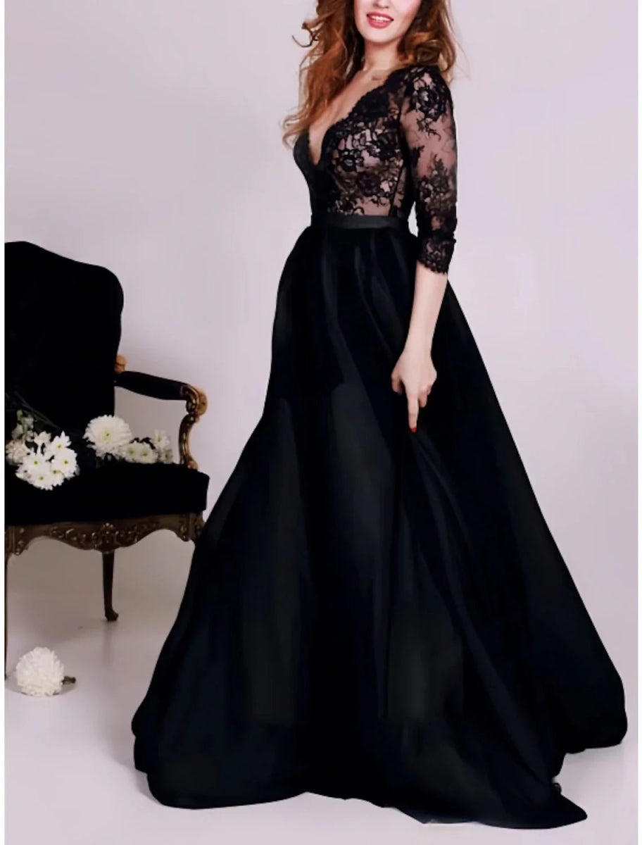 NumberSea - A - Line Evening Gown Party Dress Birthday Fall Floor Length 3/4 Length Sleeve V Neck Satin with Pleats