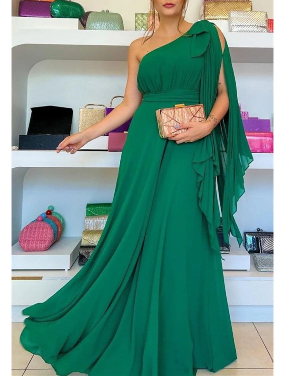 NumberSea - A - Line Evening Gown Party Dress Christmas Red Green Dress Elegant Formal Wedding Guest Sweep / Brush Train Sleeveless One Shoulder Capes Chiffon with Ruffles