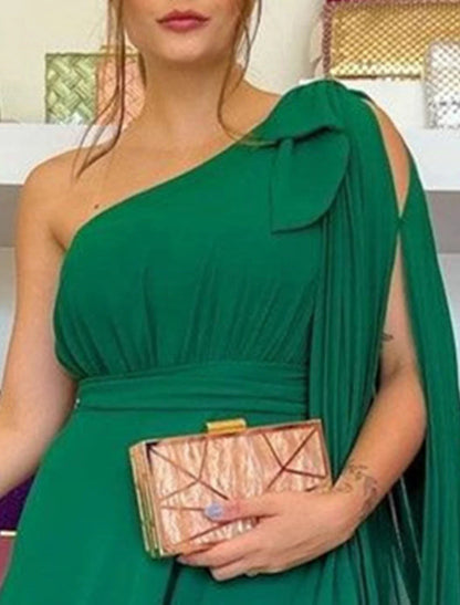 NumberSea - A - Line Evening Gown Party Dress Christmas Red Green Dress Elegant Formal Wedding Guest Sweep / Brush Train Sleeveless One Shoulder Capes Chiffon with Ruffles