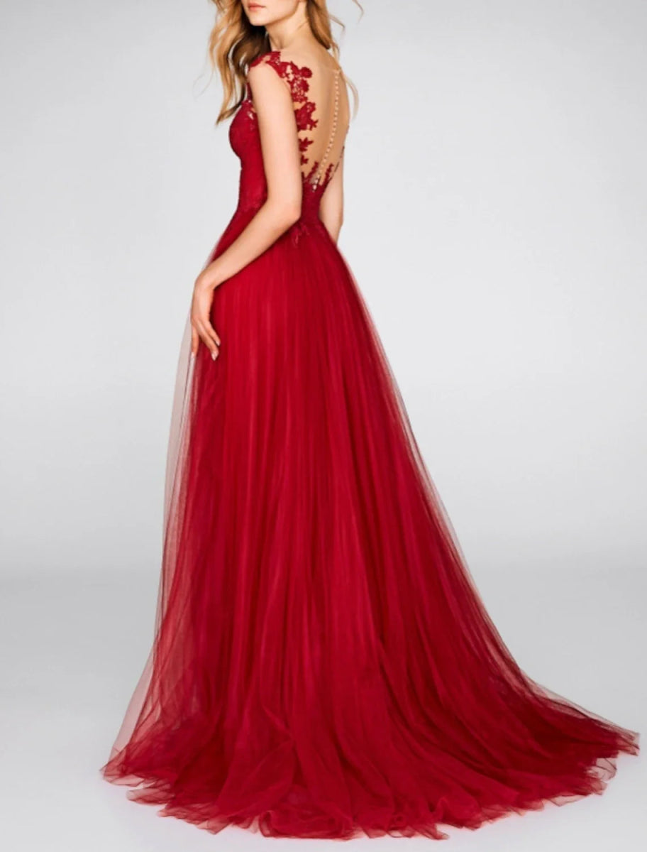 NumberSea - A - Line Evening Gown Party Dress Christmas Red Green Dress Engagement Prom Court Train Sleeveless V Neck Chiffon with Slit Appliques