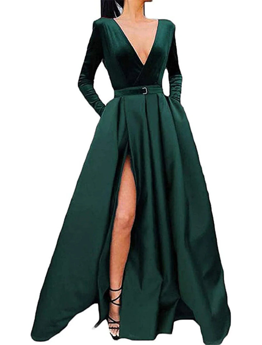 NumberSea - A - Line Evening Gown Party Dress Elegant Dress Formal Christmas Floor Length Long Sleeve Sweetheart Fall Wedding Guest Satin with Sash / Ribbon Slit