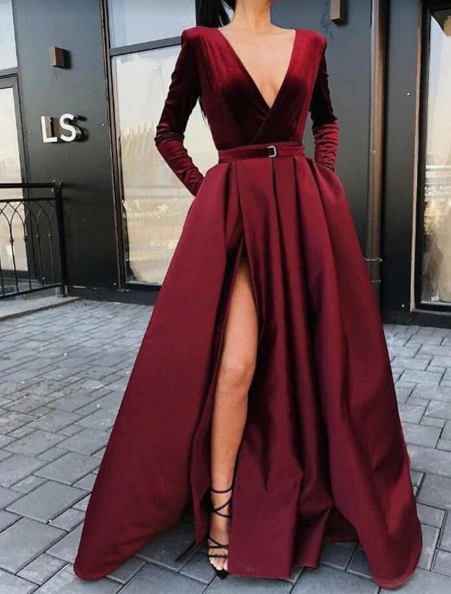 NumberSea - A - Line Evening Gown Party Dress Elegant Dress Formal Christmas Floor Length Long Sleeve Sweetheart Fall Wedding Guest Satin with Sash / Ribbon Slit