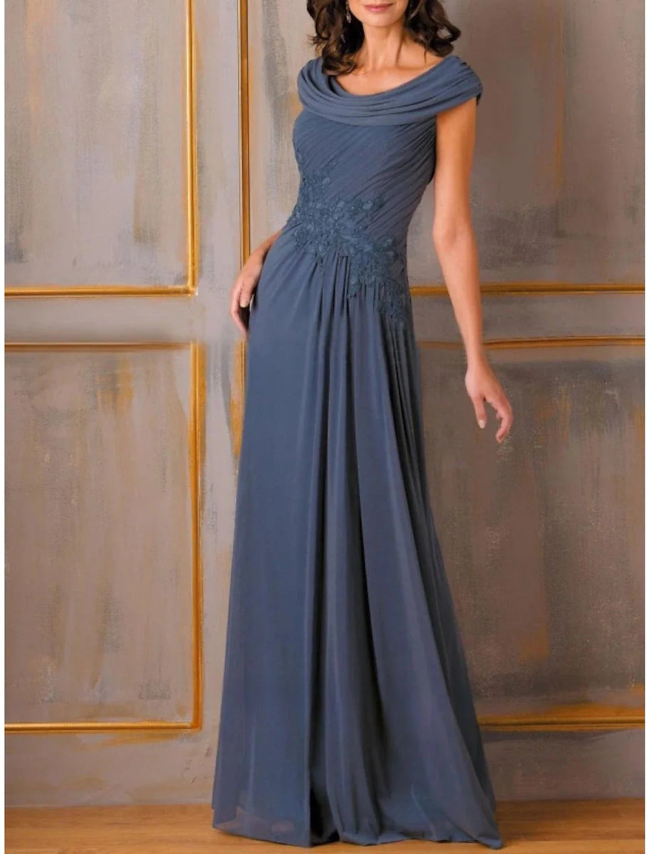 NumberSea - A - Line Evening Gown Party Dress Elegant Dress Formal Fall Floor Length Short Sleeve Scoop Neck Chiffon with Pleats Ruched Appliques