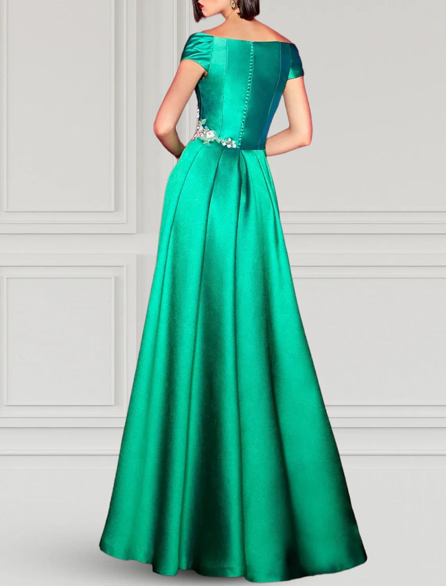 NumberSea - A - Line Evening Gown Party Dress Elegant Dress Formal Fall Floor Length Short Sleeve V Neck Satin with Slit Appliques