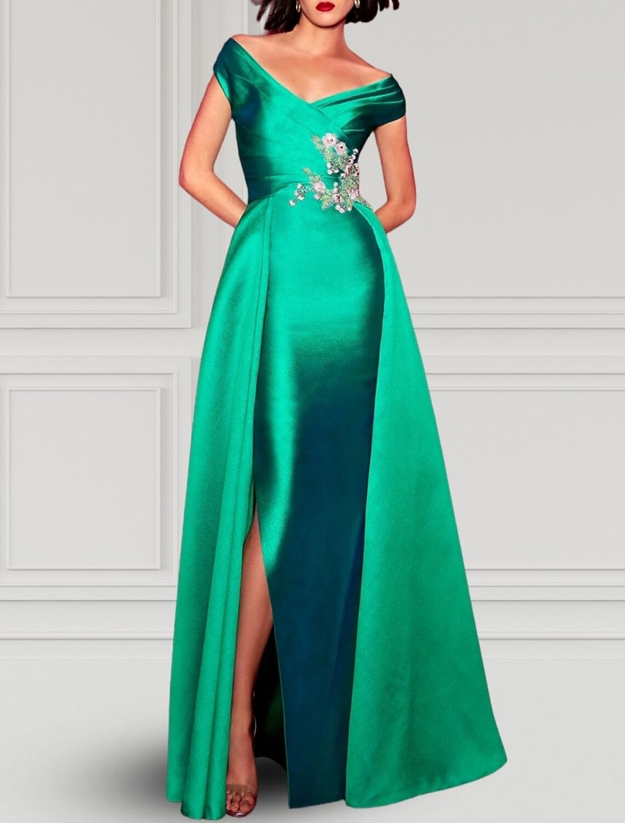 NumberSea - A - Line Evening Gown Party Dress Elegant Dress Formal Fall Floor Length Short Sleeve V Neck Satin with Slit Appliques