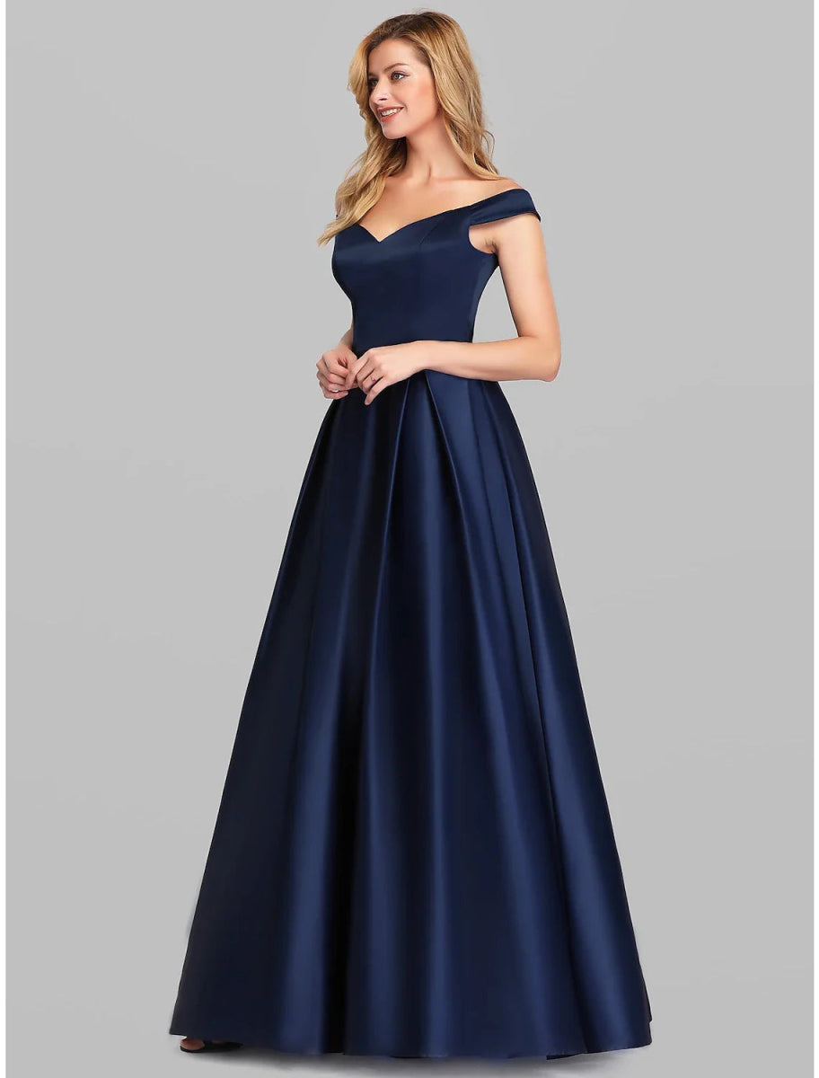 NumberSea - A - Line Evening Gown Party Dress Elegant & Luxurious Dress Wedding Guest Formal Evening Floor Length Sleeveless Plunging Neck Satin with Ruched