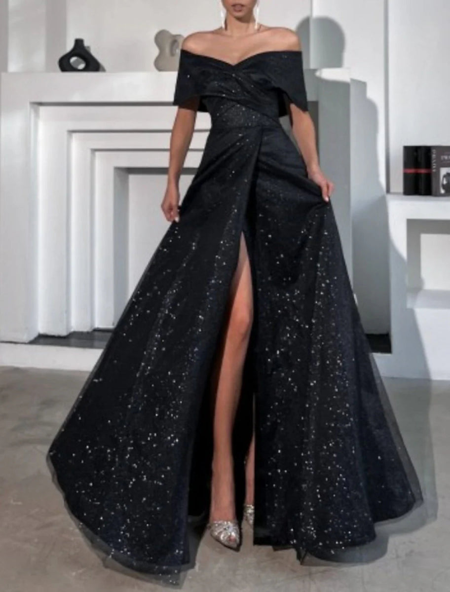 NumberSea - A - Line Evening Gown Party Dress Glittering Black Dress Plus Size Wedding Prom Floor Length Sleeveless Off Shoulder Fall Wedding Reception Tulle with Sequin Slit