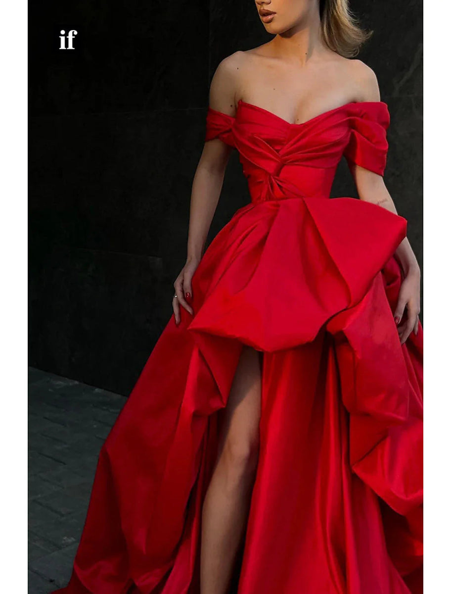 NumberSea - A - Line Evening Gown Party Dress Masquerade Prom Sweep / Brush Train Sleeveless Off Shoulder Satin with Slit