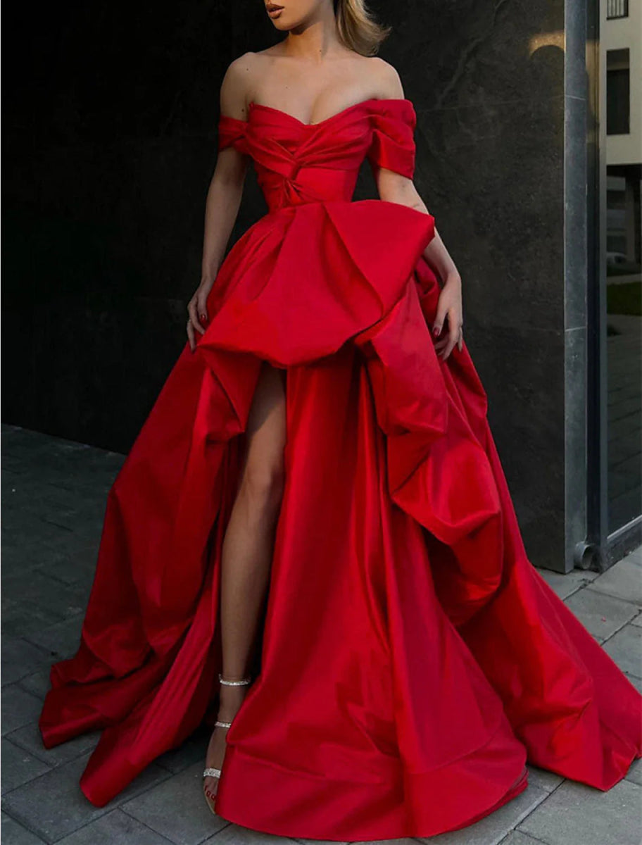 NumberSea - A - Line Evening Gown Party Dress Masquerade Prom Sweep / Brush Train Sleeveless Off Shoulder Satin with Slit