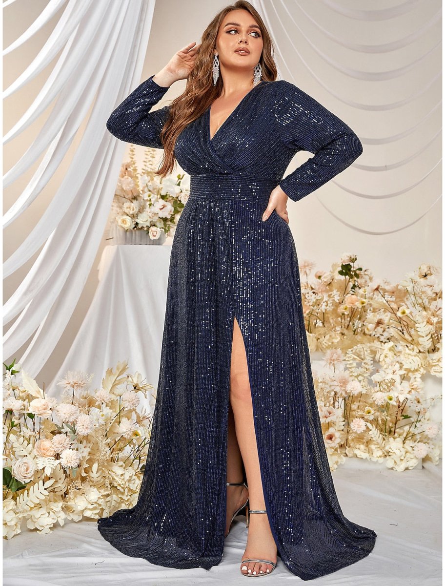 NumberSea - A - Line Evening Gown Plus Size Dress Formal Wedding Sweep / Brush Train Long Sleeve V Neck Polyester with Sequin Slit