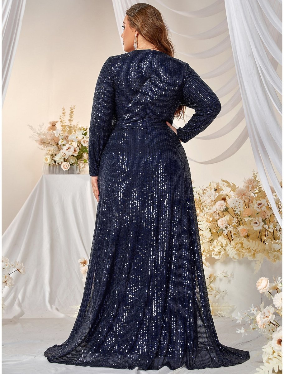 NumberSea - A - Line Evening Gown Plus Size Dress Formal Wedding Sweep / Brush Train Long Sleeve V Neck Polyester with Sequin Slit