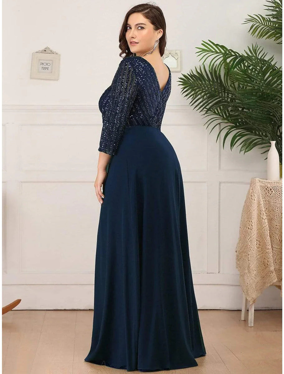 NumberSea - A - Line Evening Gown Plus Size Dress Wedding Guest Black Tie Floor Length 3/4 Length Sleeve V Neck Chiffon V Back with Sequin