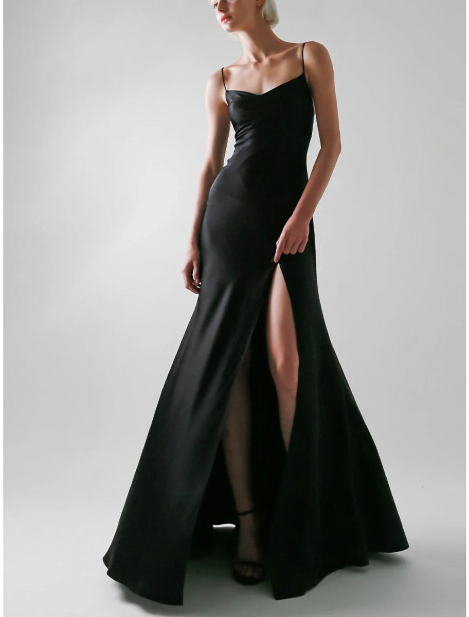 NumberSea - A - Line Evening Gown Sexy Dress Wedding Guest Prom Floor Length Sleeveless Spaghetti Strap Satin with Slit Pure Color