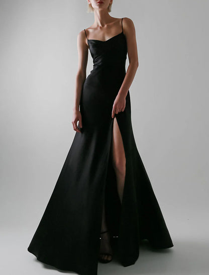 NumberSea - A - Line Evening Gown Sexy Dress Wedding Guest Prom Floor Length Sleeveless Spaghetti Strap Satin with Slit Pure Color