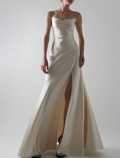 NumberSea - A - Line Evening Gown Sexy Dress Wedding Guest Prom Floor Length Sleeveless Spaghetti Strap Satin with Slit Pure Color