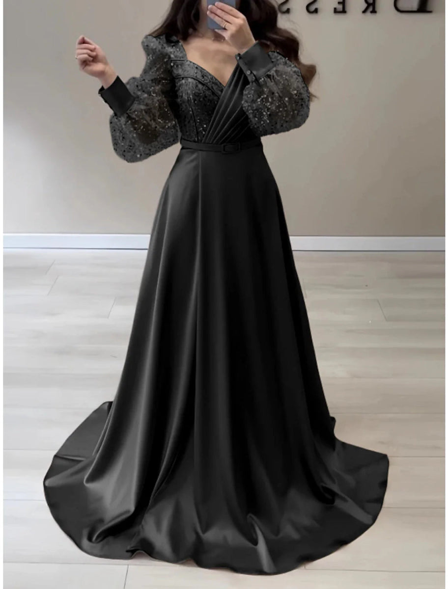 NumberSea - A - Line Evening Gown Sparkle &amp; Shine Black Dress Formal Fall Sweep / Brush Train Long Sleeve V Neck Satin with Glitter Pleats