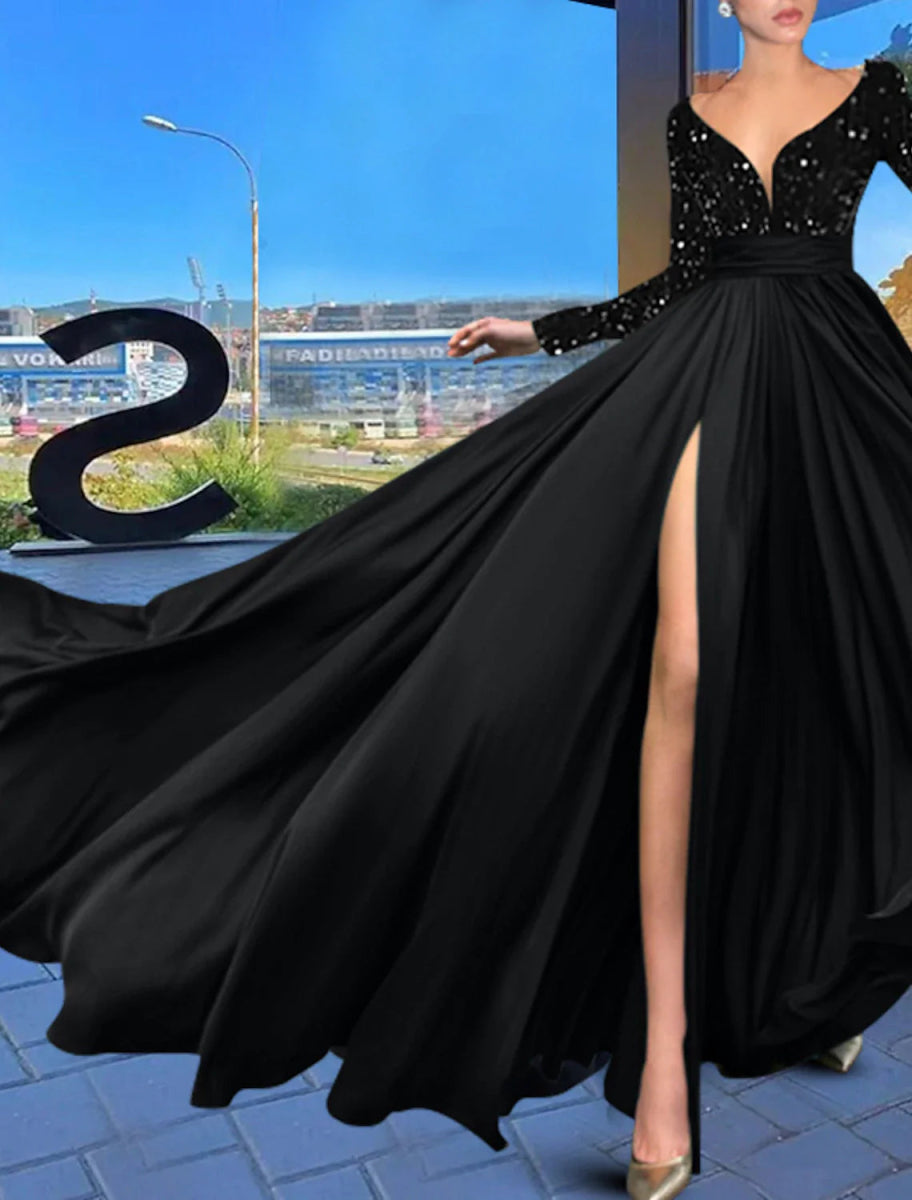 NumberSea - A - Line Evening Gown Sparkle Black Dress Plus Size Wedding Guest Prom Court Train Long Sleeve V Neck Chiffon with Sequin Slit