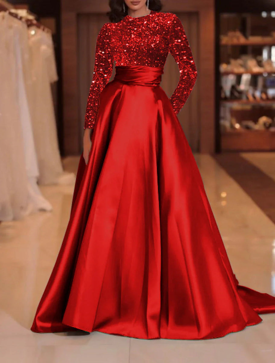 NumberSea - A - Line Evening Gown Sparkle Christmas Red Green Dress Formal Cocktail Party Court Train Long Sleeve High Neck Fall Wedding Guest Satin with Sequin