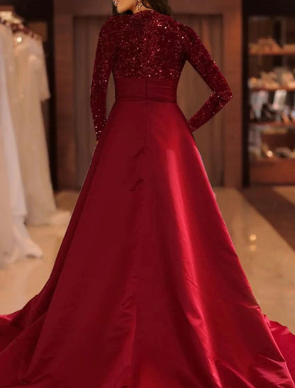 NumberSea - A - Line Evening Gown Sparkle Christmas Red Green Dress Formal Cocktail Party Court Train Long Sleeve High Neck Fall Wedding Guest Satin with Sequin