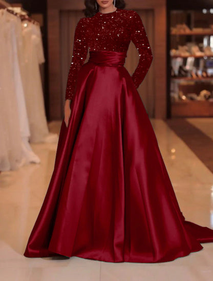 NumberSea - A - Line Evening Gown Sparkle Christmas Red Green Dress Formal Cocktail Party Court Train Long Sleeve High Neck Fall Wedding Guest Satin with Sequin