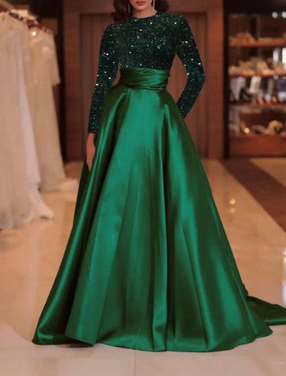 NumberSea - A - Line Evening Gown Sparkle Christmas Red Green Dress Formal Cocktail Party Court Train Long Sleeve High Neck Fall Wedding Guest Satin with Sequin