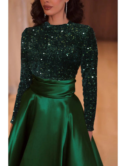 NumberSea - A - Line Evening Gown Sparkle Christmas Red Green Dress Formal Cocktail Party Court Train Long Sleeve High Neck Fall Wedding Guest Satin with Sequin