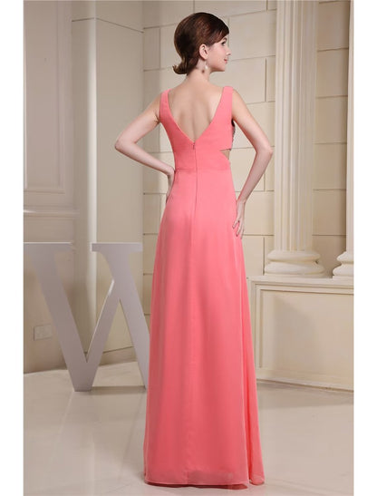 NumberSea - A - Line Evening Gown Sparkle Dress Engagement Floor Length Sleeveless V Neck Chiffon with Pleats Sequin