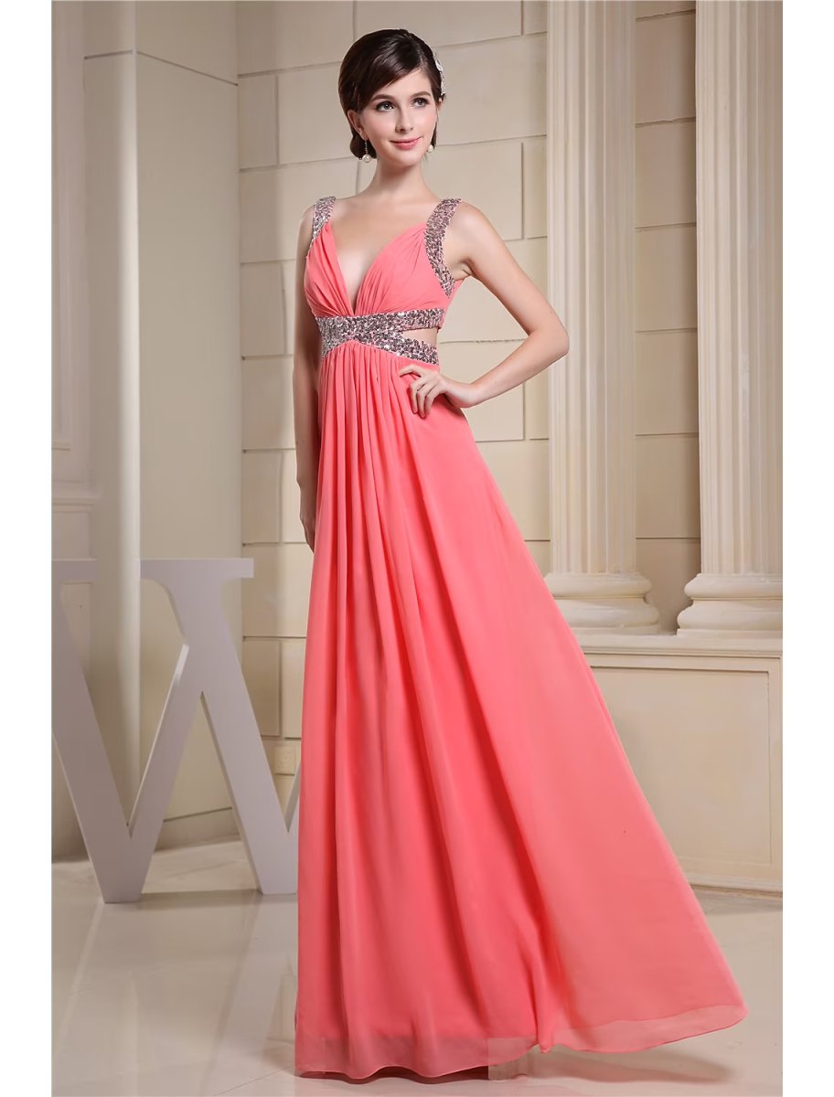 NumberSea - A - Line Evening Gown Sparkle Dress Engagement Floor Length Sleeveless V Neck Chiffon with Pleats Sequin